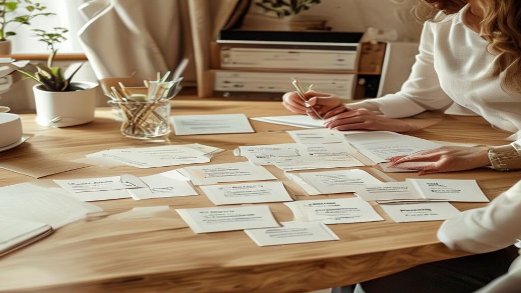 A small business owner's desk organized into 15 labeled task cards, each paired with subtle AI holographic wor