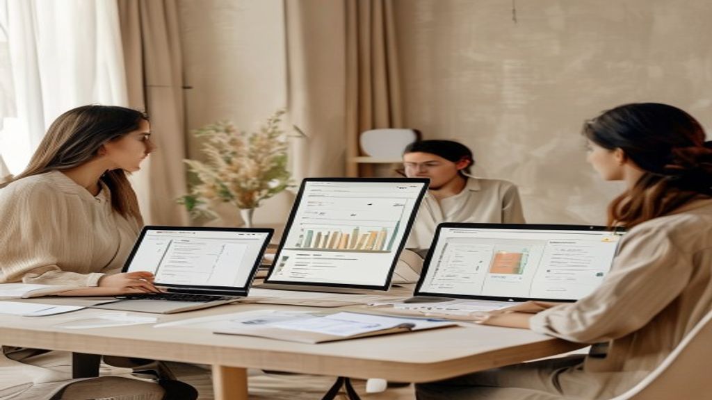 A boutique sales team's meeting table with AI agent dashboards on a laptop, a lead pipeline board, customer ca