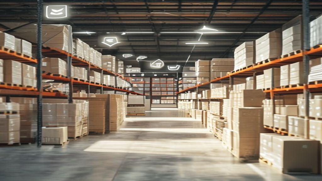 A small warehouse fulfillment lane with neatly stacked parcels, barcode scanner, tablet, inventory shelves, an