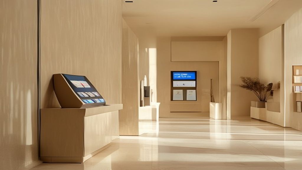 Minimalist cinematic editorial photography of a quiet boutique lobby with a self-service touchscreen check-in