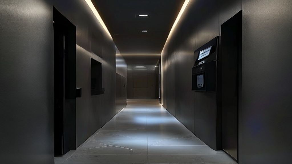 Minimalist cinematic editorial photography of a sleek entry corridor with an electronic access reader beside a