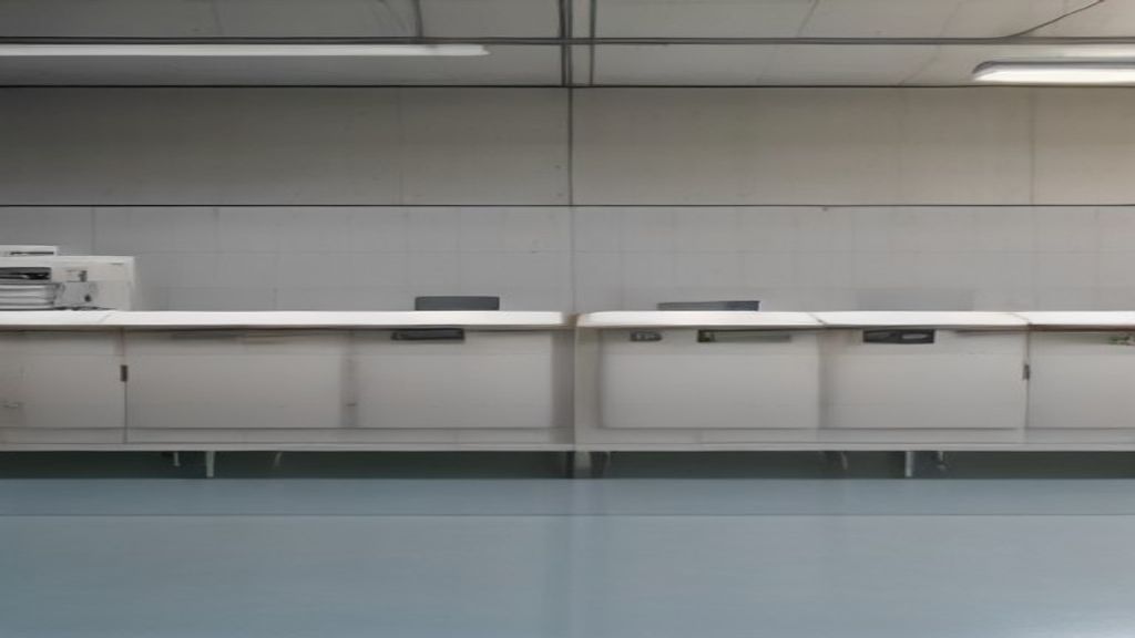 Minimalist cinematic editorial photography of seven sequential workflow stations connected across a small prod