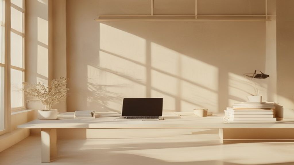 Minimalist cinematic editorial photograph of an empty modern workspace with a single laptop, neatly