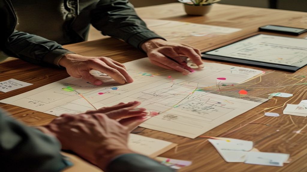 Minimalist cinematic editorial photograph of a founder's hands mapping business workflows on a large paper boa