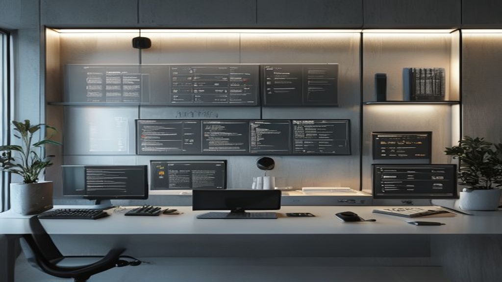 Minimalist cinematic editorial photograph of a serene control station with silent monitors, a tidy knowledge-b
