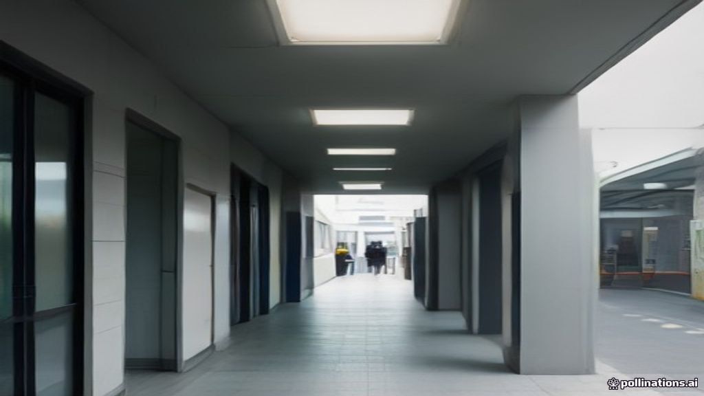 Minimalist cinematic editorial photography of a self-service shop entrance beside apartments, offices, and a t