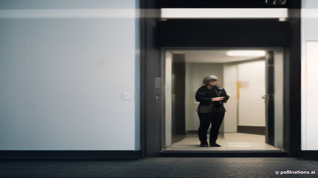 Minimalist cinematic editorial photography of a security consultant testing an unmanned storefront after hours