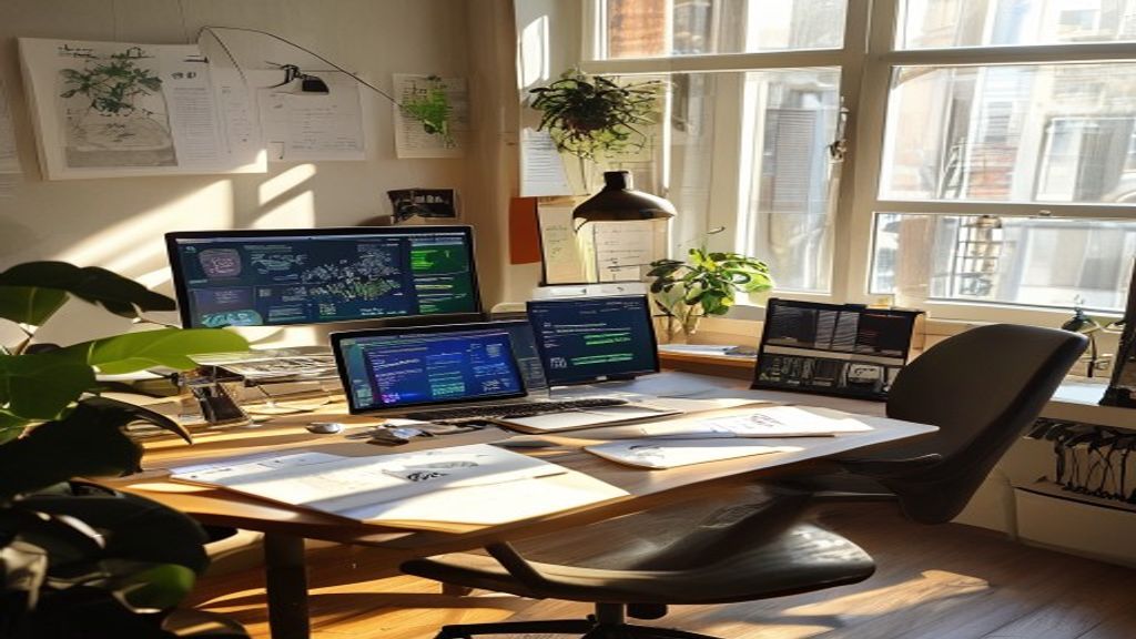 A quiet founder's workstation transformed into a staffless command center: laptop showing AI ag