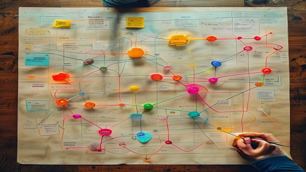 Overhead scene of a business map spread across a large table: hand-drawn process flowcharts, customer journey
