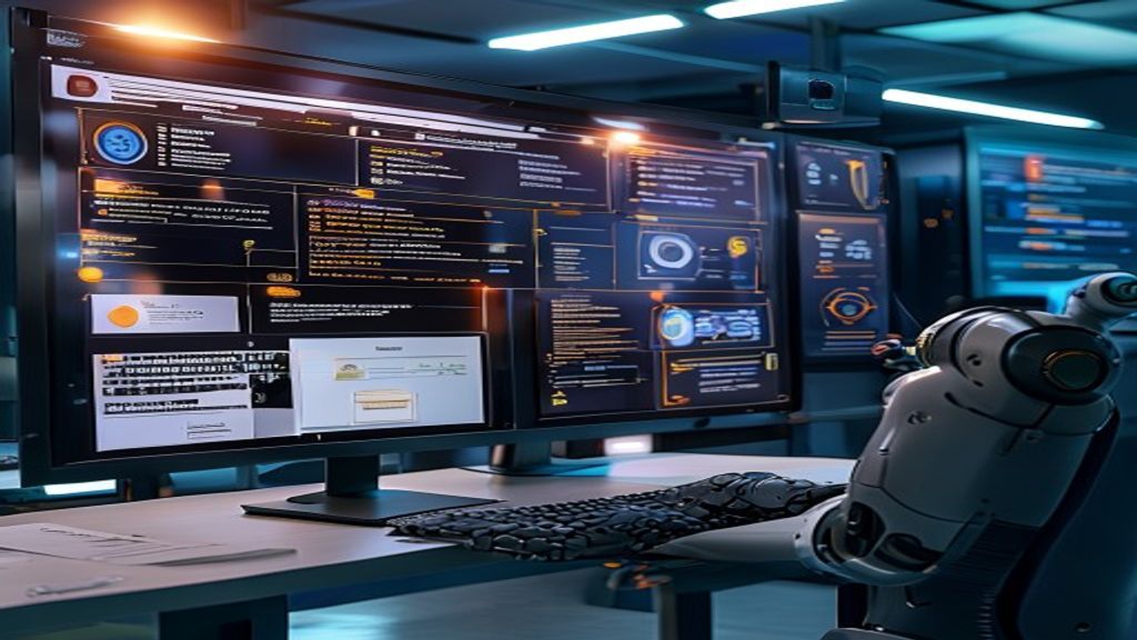 A safe automation workflow in a modern operations room: AI agent task queue on a monitor, approval checkpoints