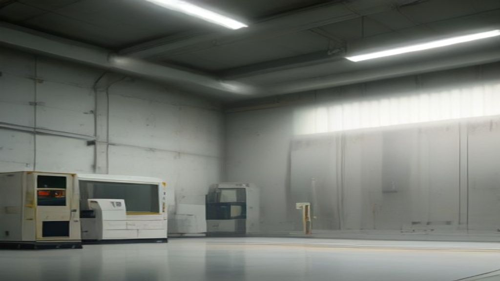 Minimalist cinematic editorial photography of machinery moving through four connected maintenance stations: se