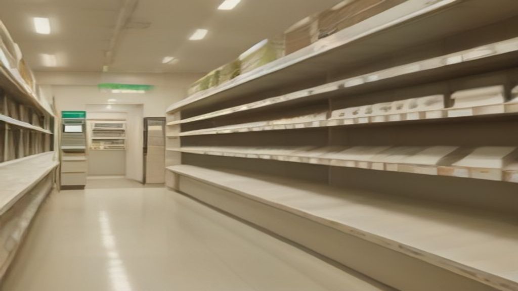 Minimalist cinematic editorial photography of a small retailer examining neatly arranged inventory beside a wa