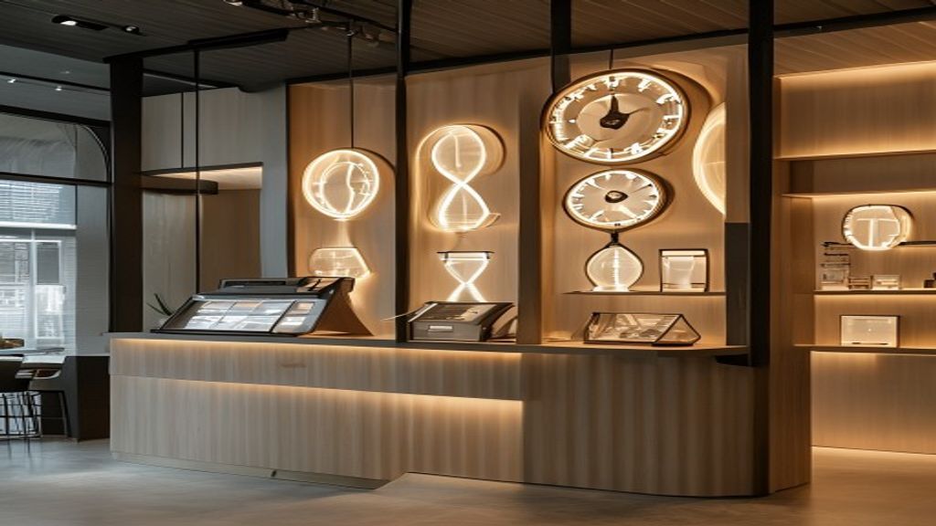 A modern storefront clockwork installation replacing a traditional checkout counter, where glowing h