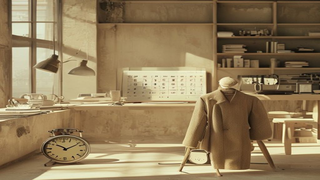 Split-level conceptual workspace showing a manual assembly line fading into a serene empty room while a person