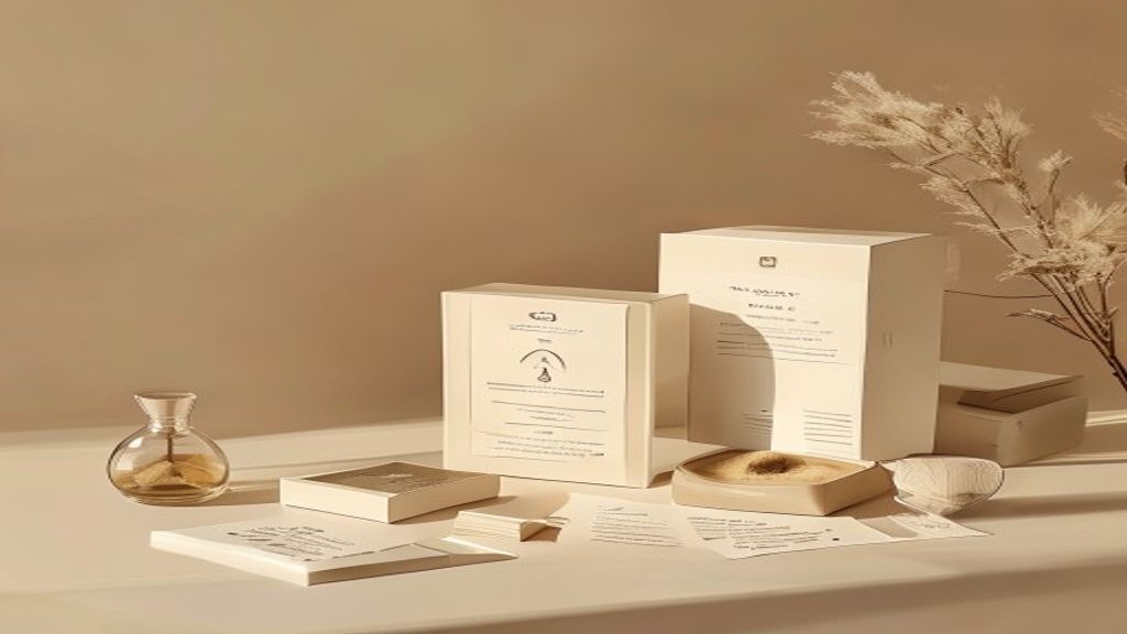 An elegant product design table covered with offer cards, a timer embedded inside a boxed service package, and